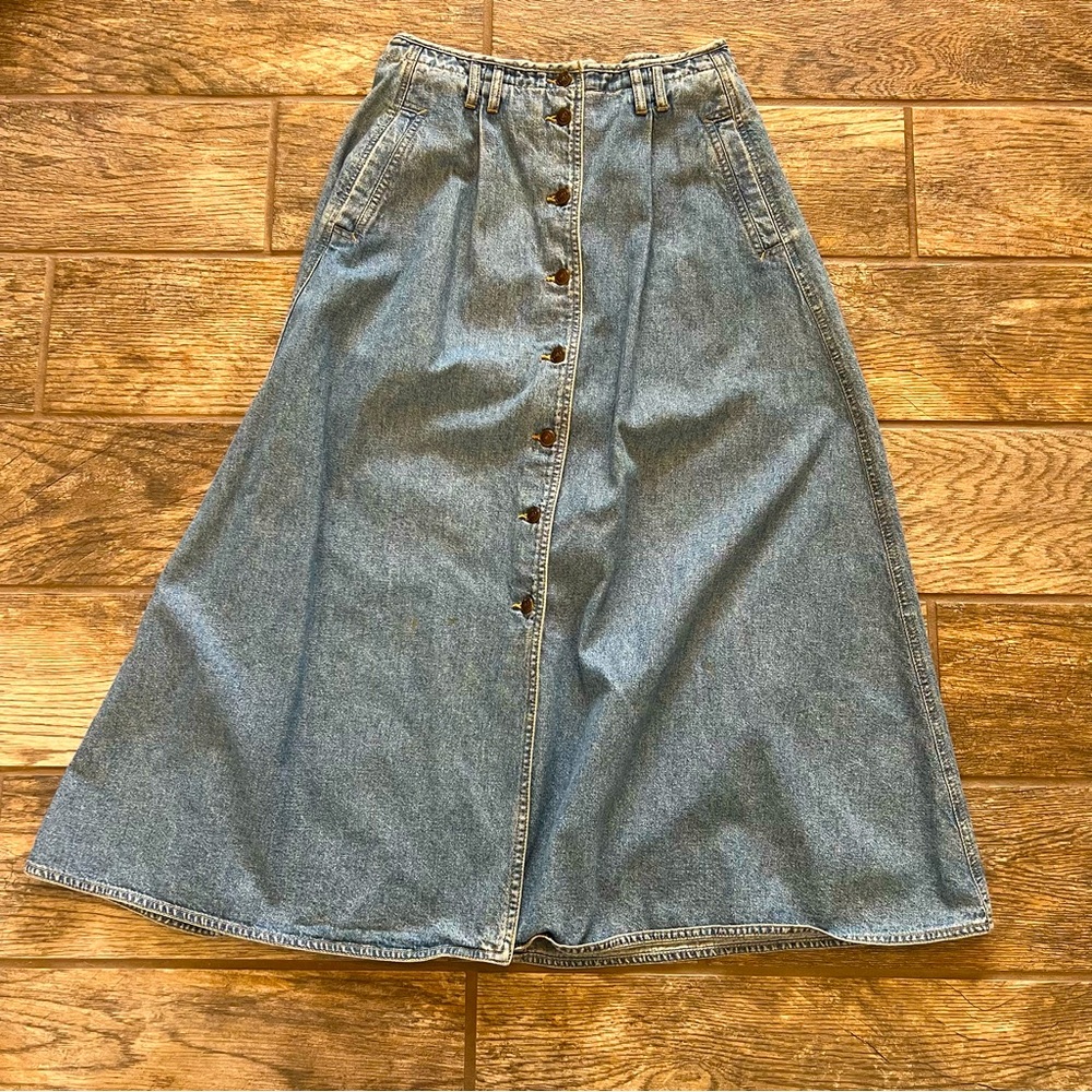 VTG Lizwear Denim Button-Front Midi Skirt A-line pockets Cotton